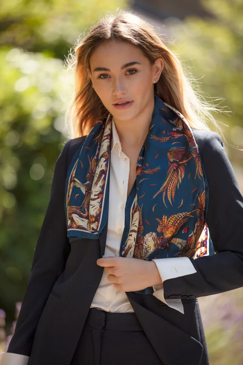 Clare Haggas Navy George and Friends Narrow Silk Scarf-1